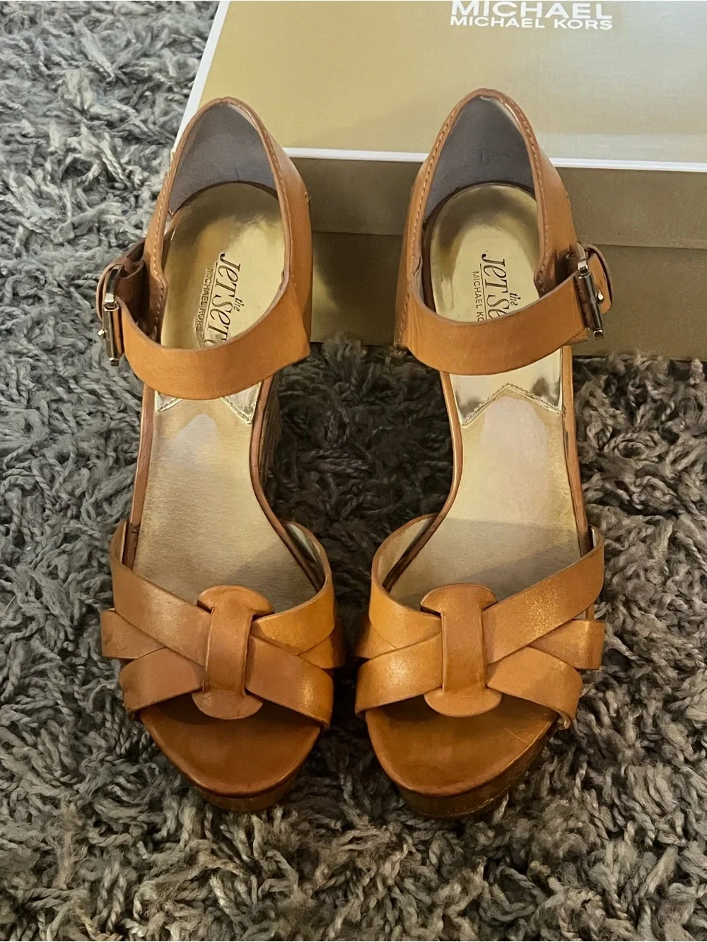 Michael Kors Cognac Leather Woven Platform Wedge Heels Size 8